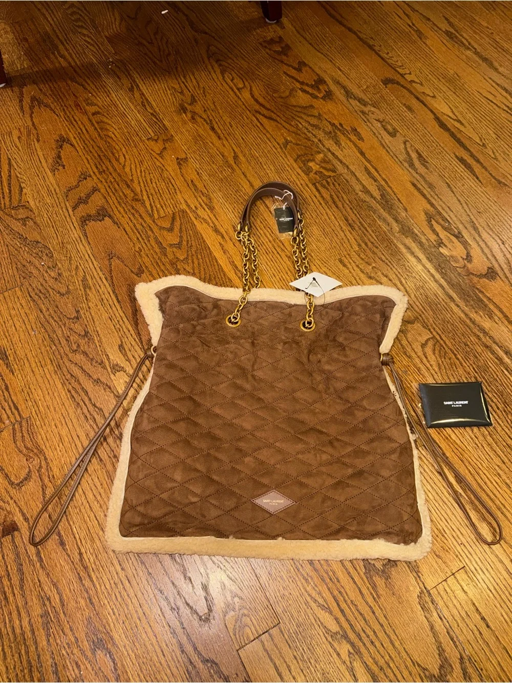 New Saint Laurent Le Pochon Genuine Shearling Trim Shoulder Bag